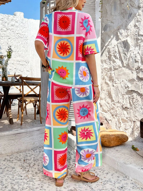 'Splendory' Collared Print Top and Pants Set - Celes Fashion